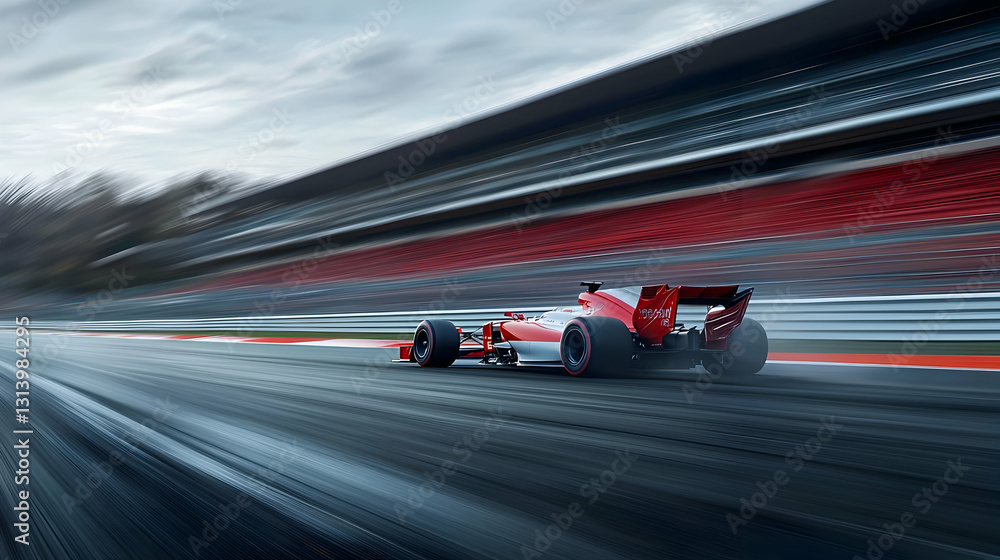 Red Formula One Race Car Speeding on Wet Track with Motion Blur on a Cloudy Day Red Formula One Race Car Speeding on Wet Track with Motion Blur on a Cloudy Day