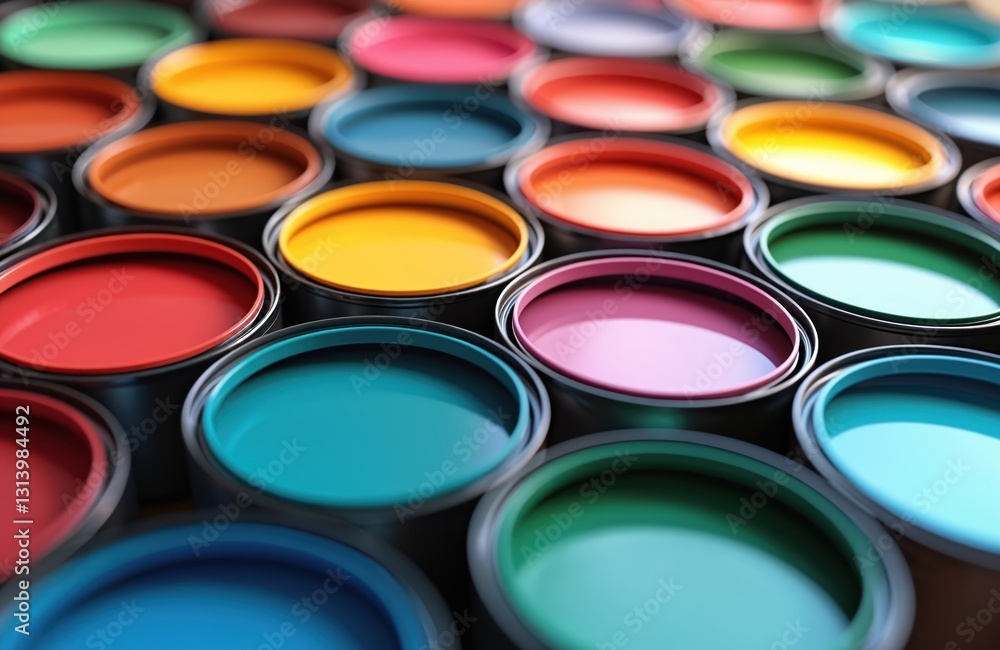 Vibrant assortment of open paint cans wide range of colors. Creativity, art, design, rainbow palette. Artistic bright decoration variety for home improvement, inspiration, color palette, art supply. Vibrant assortment of open paint cans wide range of colors. Creativity, art, design, rainbow palette. Artistic bright decoration variety for home improvement, inspiration, color palette, art supply.