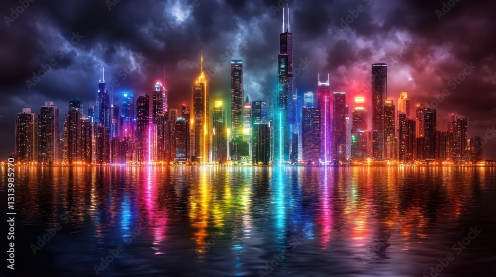 Fototapeta premium Vibrant Cityscape at Night: A Colorful Reflection