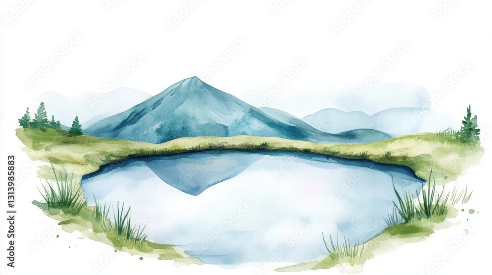 A serene watercolor landscape featuring a calm pond reflecting a mountain under a clear sky, surrounded by gentle greenery. A serene watercolor landscape featuring a calm pond reflecting a mountain under a clear sky, surrounded by gentle greenery.
