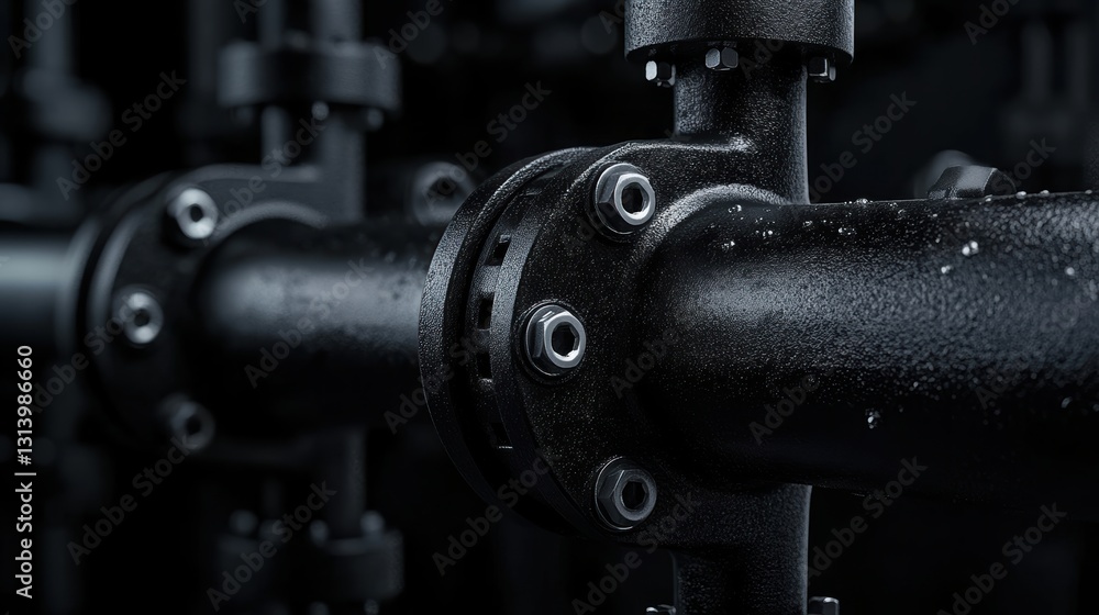 Fototapeta premium Close-up view showcasing intricate details of a pipe joint with moisture droplets Generative AI
