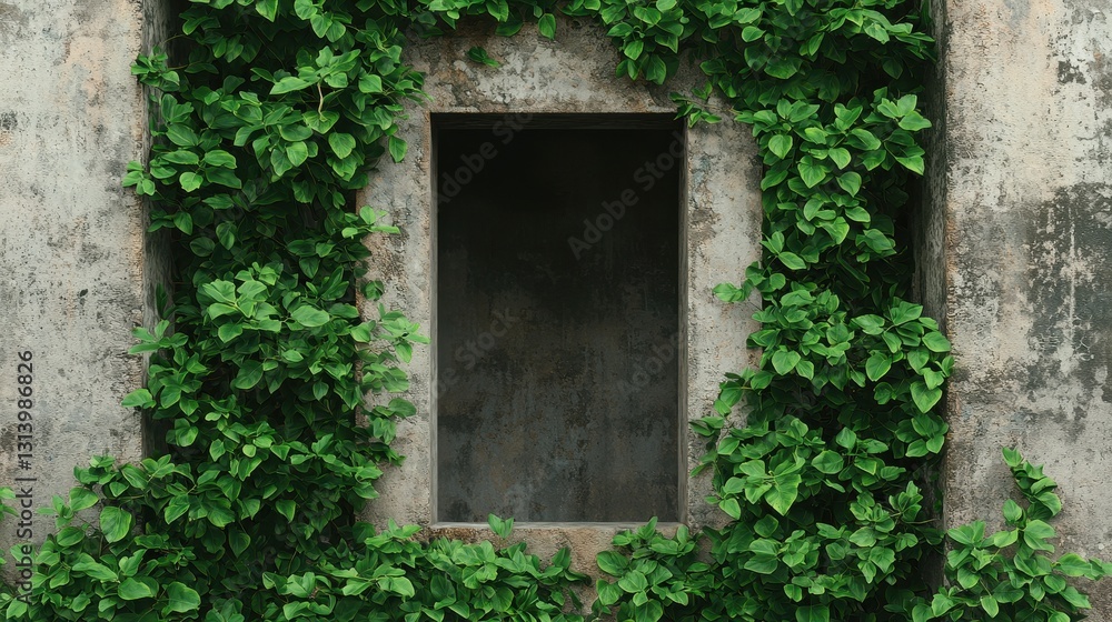 Green Vines Climbing on an Old Concrete Wall with Empty Window Frame Green Vines Climbing on an Old Concrete Wall with Empty Window Frame