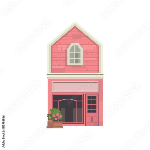 City spring. House, shop, cafe. Cozy House for street in flat cartoon style.