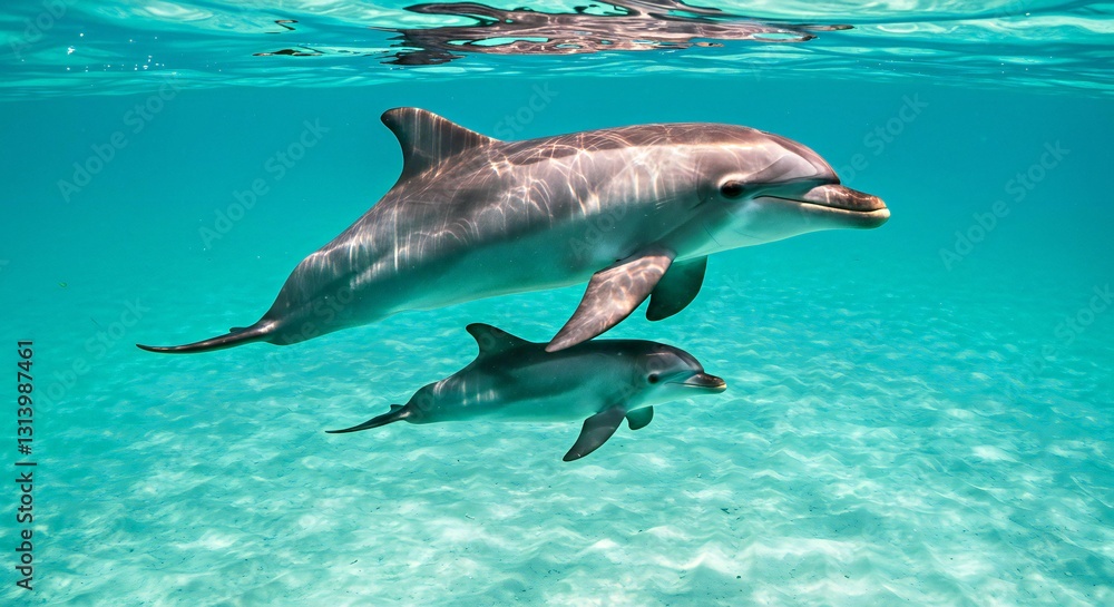 Fototapeta premium A Bottlenose Dolphin Mother Gently Guiding Her Calf Through Shallow Turquoise Waters