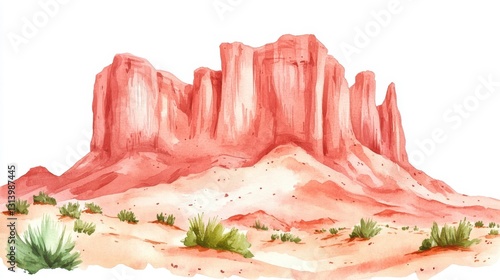Wallpaper Mural A vibrant watercolor depiction of a red rock formation surrounded by sandy terrain and sparse vegetation, capturing the essence of a desert landscape. Torontodigital.ca