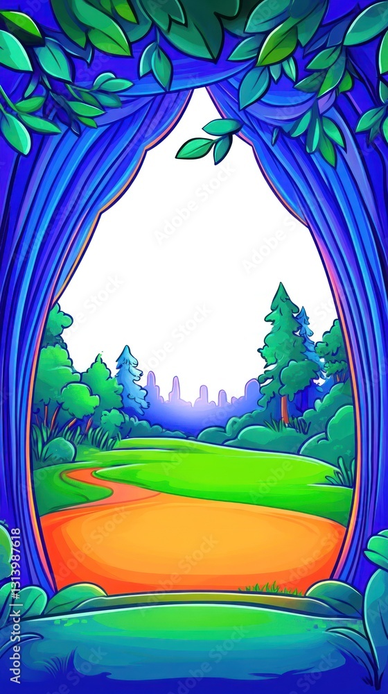 Forest portal illustration. Path leads to distant city, framed by blue foliage and dark blue curtain-like plants Forest portal illustration. Path leads to distant city, framed by blue foliage and dark blue curtain-like plants