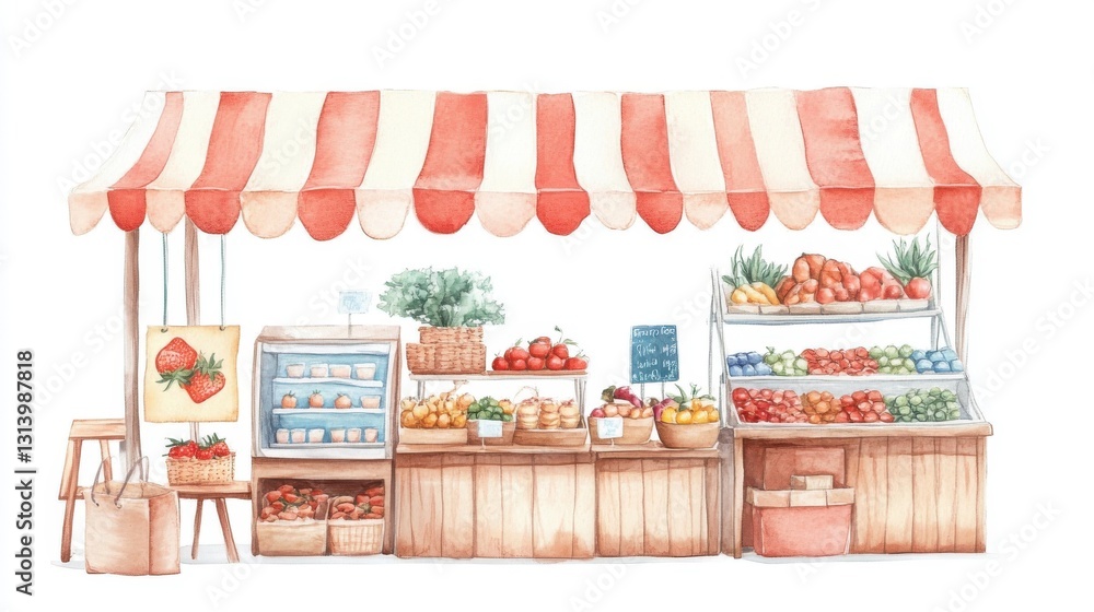 A charming market stall adorned with a striped canopy, showcasing fresh fruits and vegetables, inviting shoppers to explore its vibrant offerings. A charming market stall adorned with a striped canopy, showcasing fresh fruits and vegetables, inviting shoppers to explore its vibrant offerings.