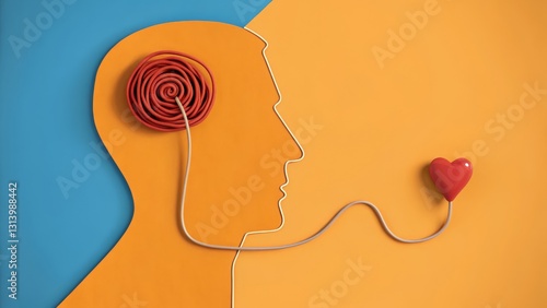 A vibrant illustration depicting a silhouette of a head with a spiral brain and a heart connected by a cord, symbolizing the relationship between emotions and thoughts.