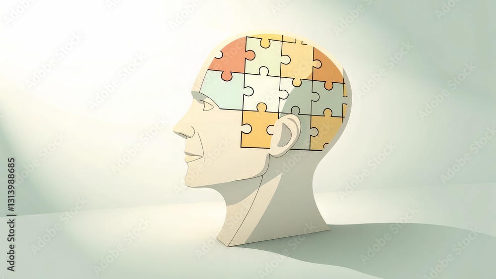 A stylized head with a jigsaw puzzle piece design symbolizes problem-solving and the complexity of the mind. A stylized head with a jigsaw puzzle piece design symbolizes problem-solving and the complexity of the mind.