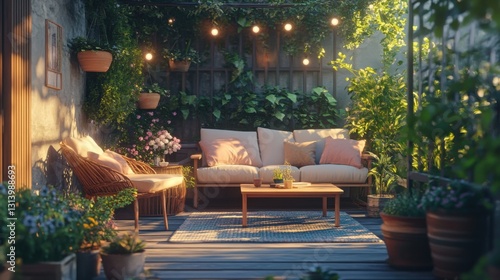 Cozy Patio with Warm Lighting and Lush Greenery