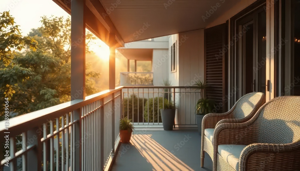 Sunset Serenity on a Wicker-Furnished Balcony, Urban Setting, Photography, Tranquil Atmosphere, Warm Light Sunset Serenity on a Wicker-Furnished Balcony, Urban Setting, Photography, Tranquil Atmosphere, Warm Light
