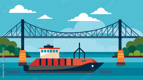 In the distance a bridge looms ominously as the barge approaches its immense size causing it to sc against the underside.. Vector illustration