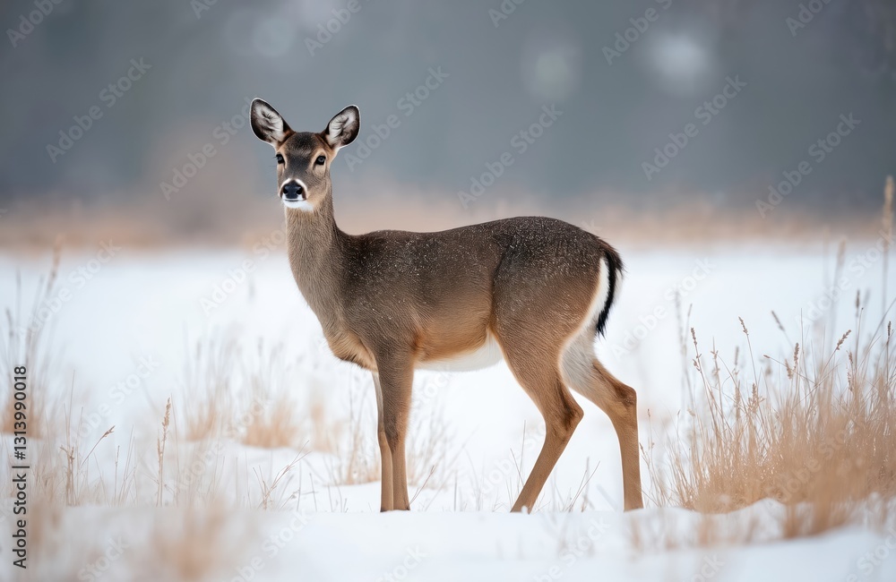 Doe stands on snow covered winter meadow. Brown fur herbivore looks attentive in wilderness. Animal observing nature in frosty forest. Full body side sight, blurred background. Wildlife animal in Doe stands on snow covered winter meadow. Brown fur herbivore looks attentive in wilderness. Animal observing nature in frosty forest. Full body side sight, blurred background. Wildlife animal in