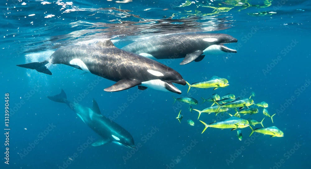 Fototapeta premium A Coordinated Hunting Strategy as a Pod of False Killer Whales Chases a Panicked School of Mahi-Mahi