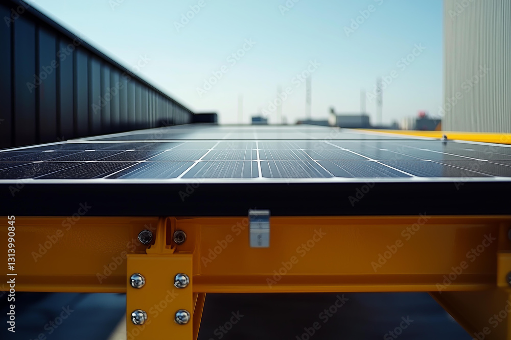 Close-up of modern solar panels installed on a commercial rooftop, reflecting sunlight. The sleek black photovoltaic cells are mounted on a sturdy yellow frame Close-up of modern solar panels installed on a commercial rooftop, reflecting sunlight. The sleek black photovoltaic cells are mounted on a sturdy yellow frame