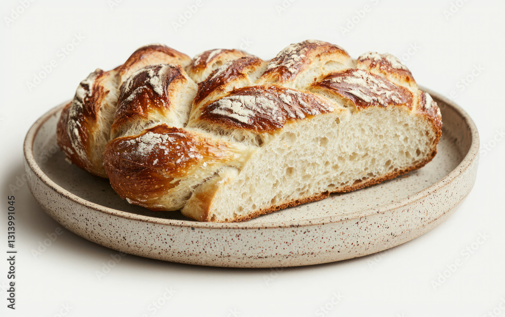 Partially Sliced Golden Brown Braided Bread on Beige Plate Partially Sliced Golden Brown Braided Bread on Beige Plate