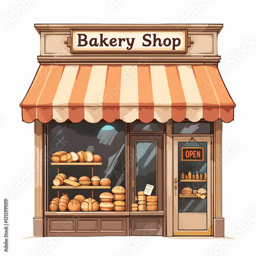 Charming Bakery Shopfront with Bread Display and Striped Awning Illustration