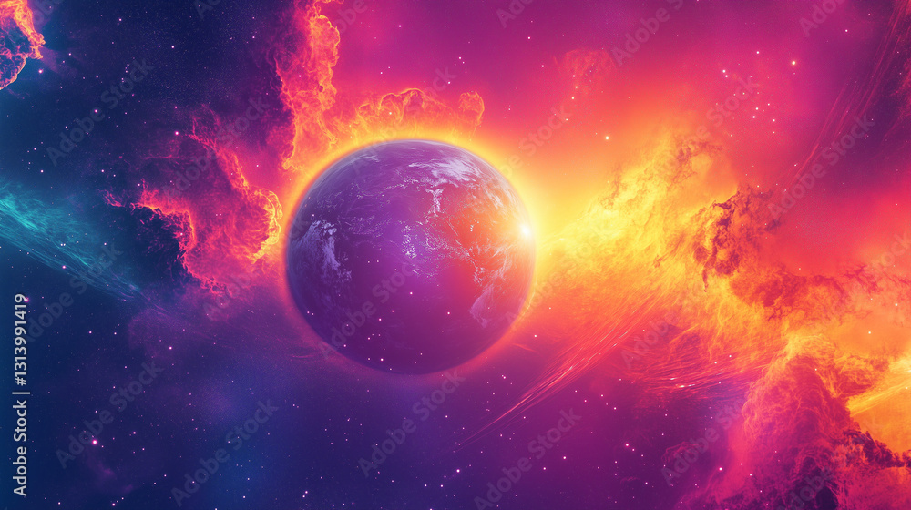 Obraz premium Abstract composition, vibrant cosmic sunrise over planet Earth, radiant nebula tones, surreal fantasy aesthetics, glowing energy, immersive and dreamlike ambiance
