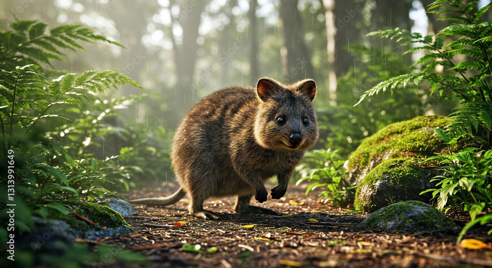 Fototapeta premium Curious Quokka Venturing Through a Lush Rainforest Moments After a Rainfall 