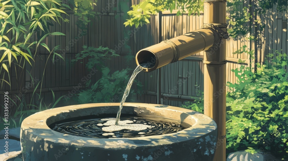 Traditional bamboo water spout trickling into a stone basin in a Japanese garden Traditional bamboo water spout trickling into a stone basin in a Japanese garden