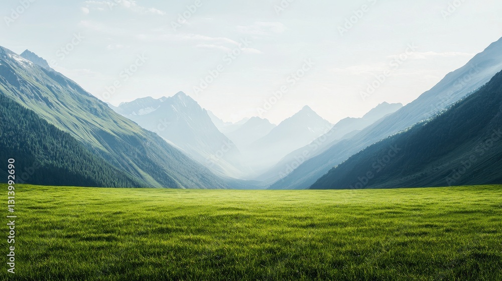 Fototapeta premium Serene Mountain Valley with Lush Green Grass and Misty Peaks