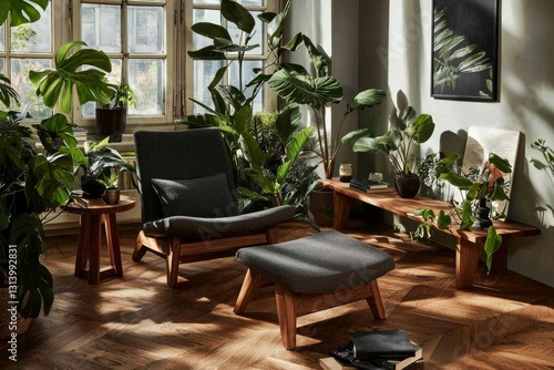 A Scandinavian home s living room interior is characterized by a design gray sofa  armchair  marble stool  and black coffee table  complemented by modern paintings  decorative elements  a plant  and
