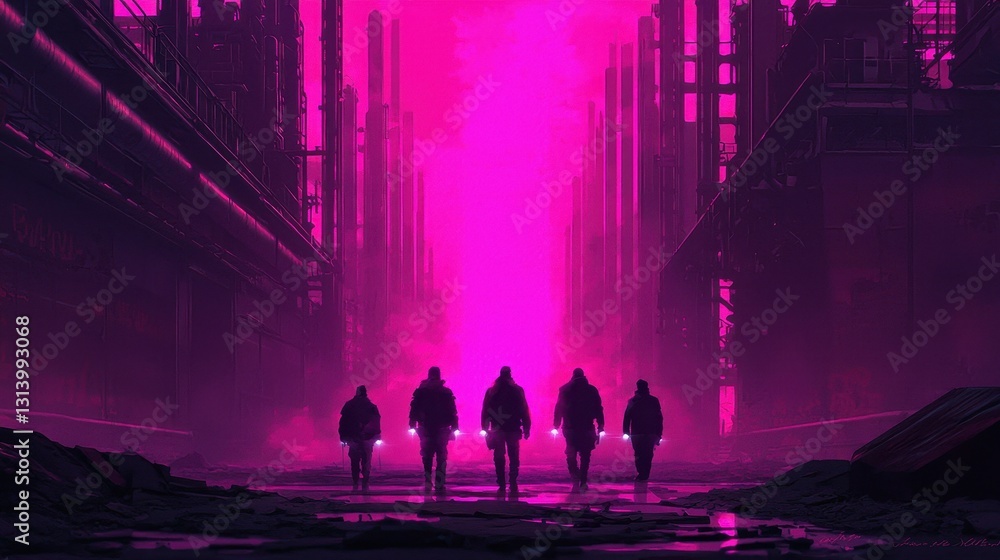 Mysterious Figures Walking Through Futuristic Industrial Landscape Mysterious Figures Walking Through Futuristic Industrial Landscape