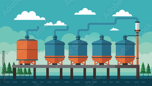 Massive metal tanks lined up in a row emitting a low hum as they convert water into steam for factories and manufacturing plants.. Vector illustration