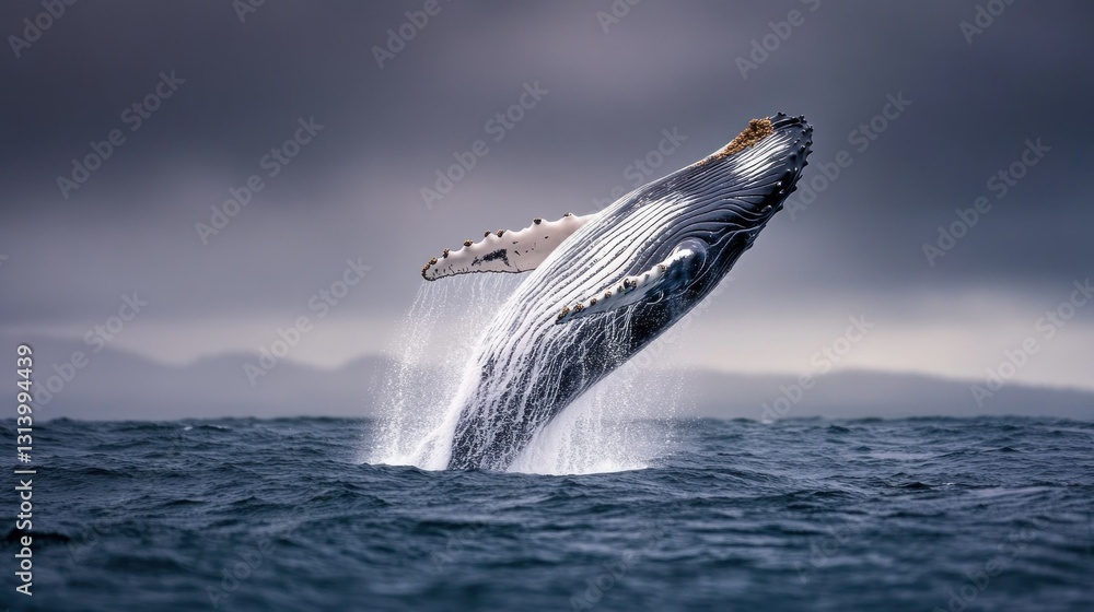 Fototapeta premium Humpback Whale Leaps in Ocean, Dramatic Sky