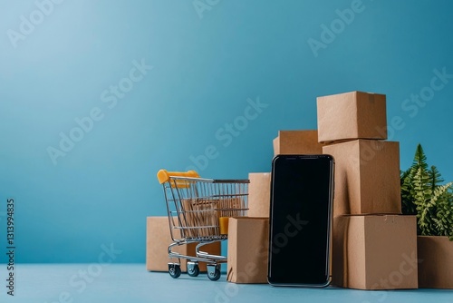 The idea of shopping online is represented by a smartphone, boxes, and a shopping cart, isolated on a blue-colored background