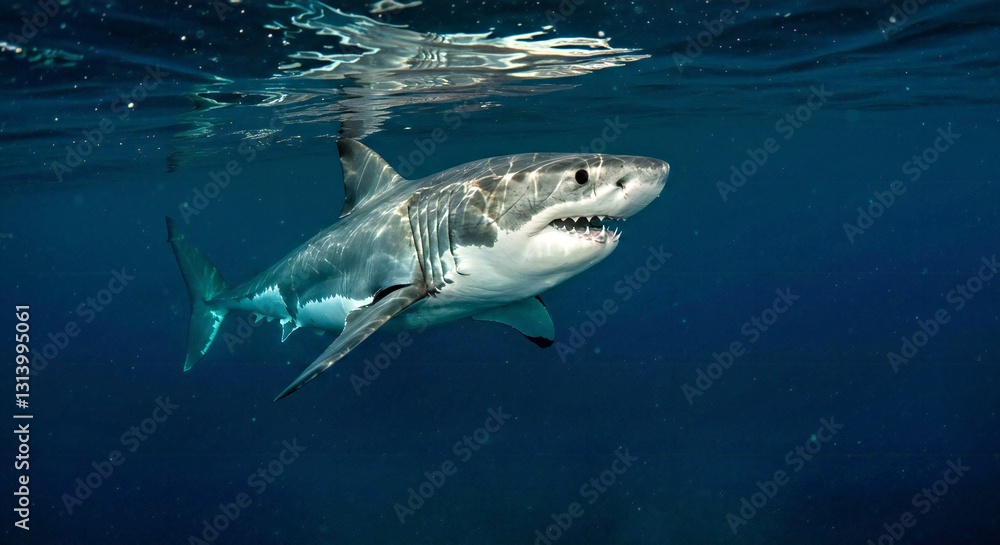 Naklejka premium A Great White Shark Propelling Itself Toward an Unsuspecting Seal Near a Rocky Island 