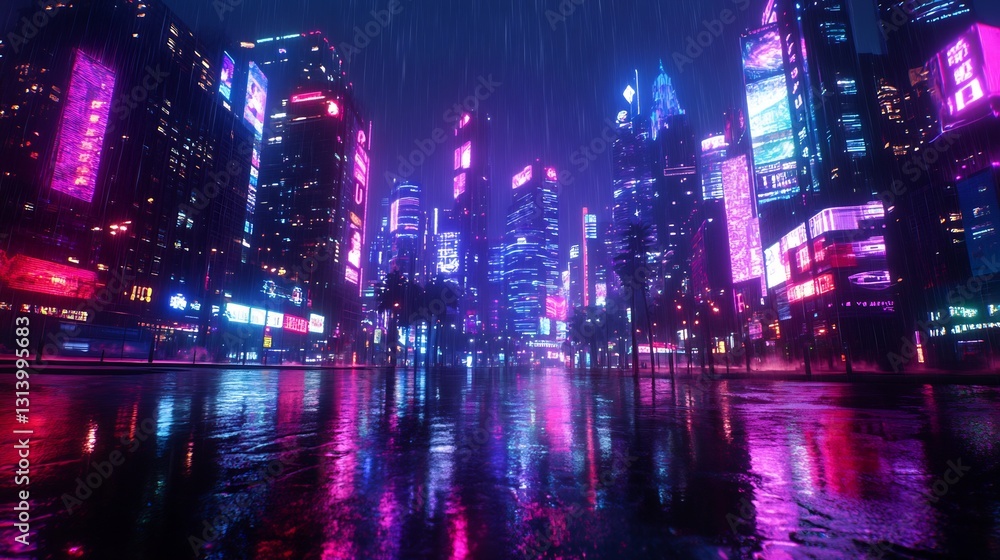 Futuristic cityscape with neon skyscrapers reflecting on wet pavement Futuristic cityscape with neon skyscrapers reflecting on wet pavement