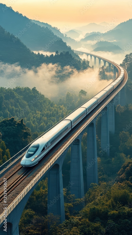 Obraz premium High-Speed Rail Journey Through Misty Mountains: A Scenic Train Ride in China