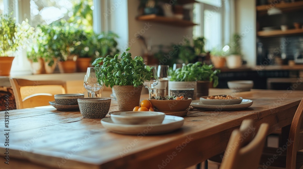 Fototapeta premium Sun-drenched kitchen table set for a meal