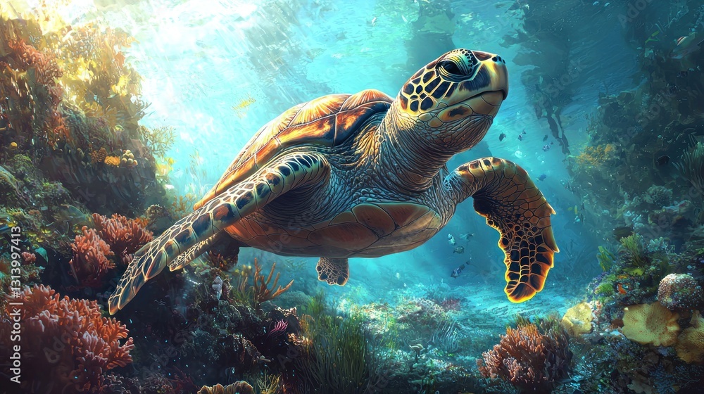 Fototapeta premium Sea turtle swimming in vibrant coral reef.