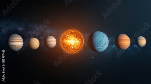 Planets in Solar System with Bright Sun Against Starry Background