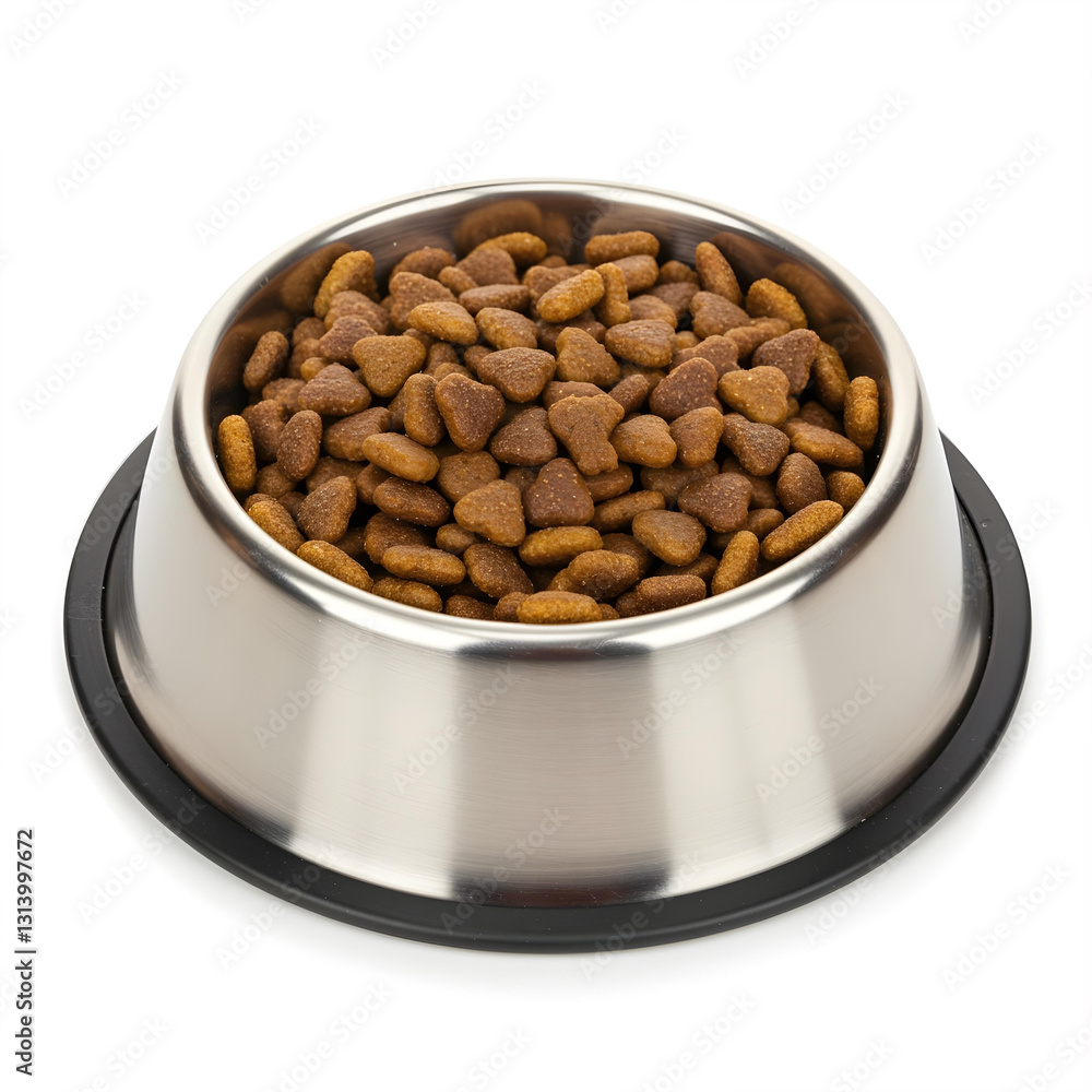 Stainless steel bowl with mixed chicken and fish dry cat food for adult cats