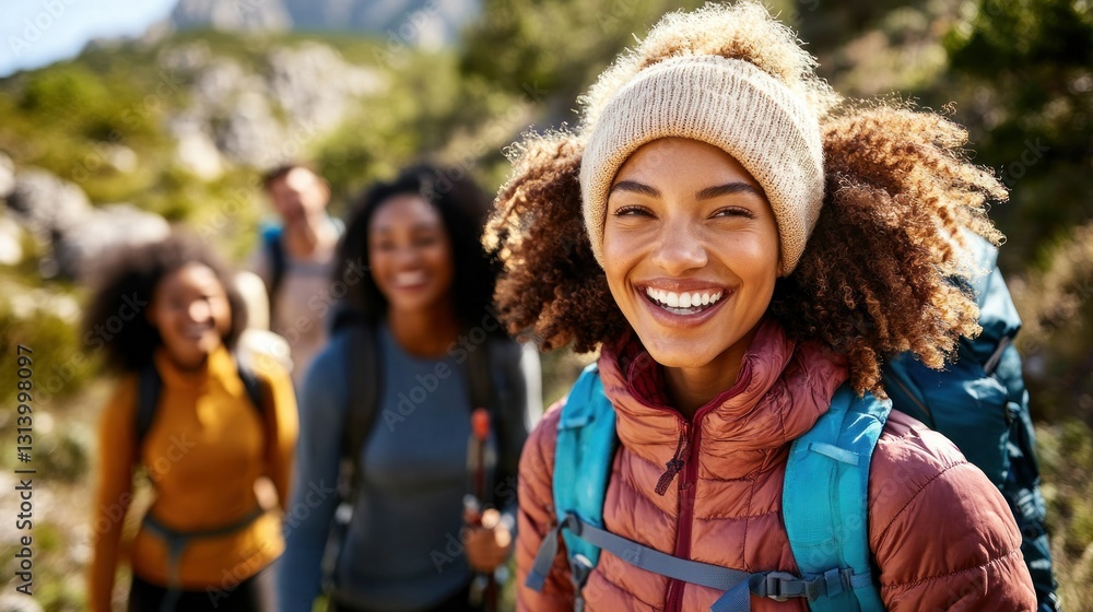 Happy hikers with backpacks smiling on a sunny mountain trail Happy hikers with backpacks smiling on a sunny mountain trail
