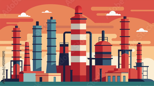 The massive cylindrical towers of distillation units towering over the rest of the complex.. Vector illustration