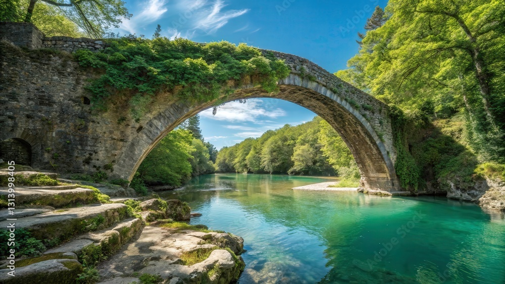 This stunning image features an ancient stone bridge arching gracefully over a crystal-clear river. This stunning image features an ancient stone bridge arching gracefully over a crystal-clear river.