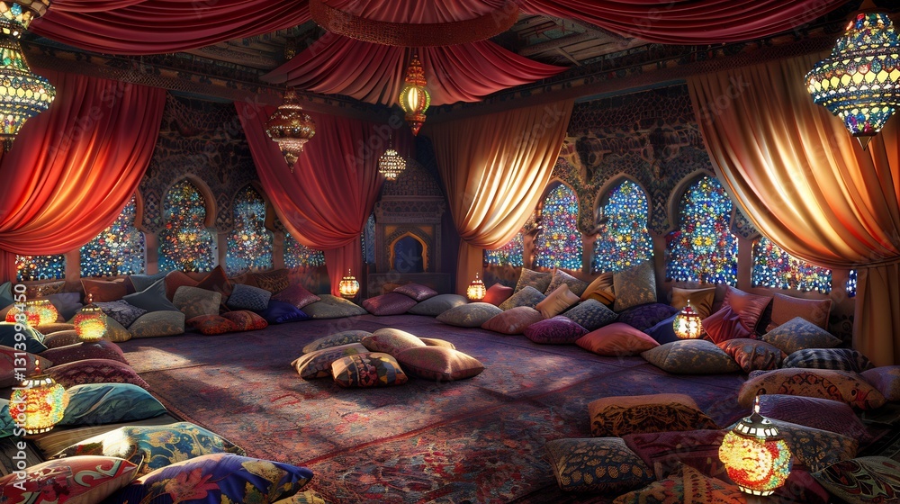 Fototapeta premium Ultra detailed image of lavish Moroccan wedding tent with vibrant silk drapes intricate mosaic lanterns casting colorful patterns and plush embroidered cushions