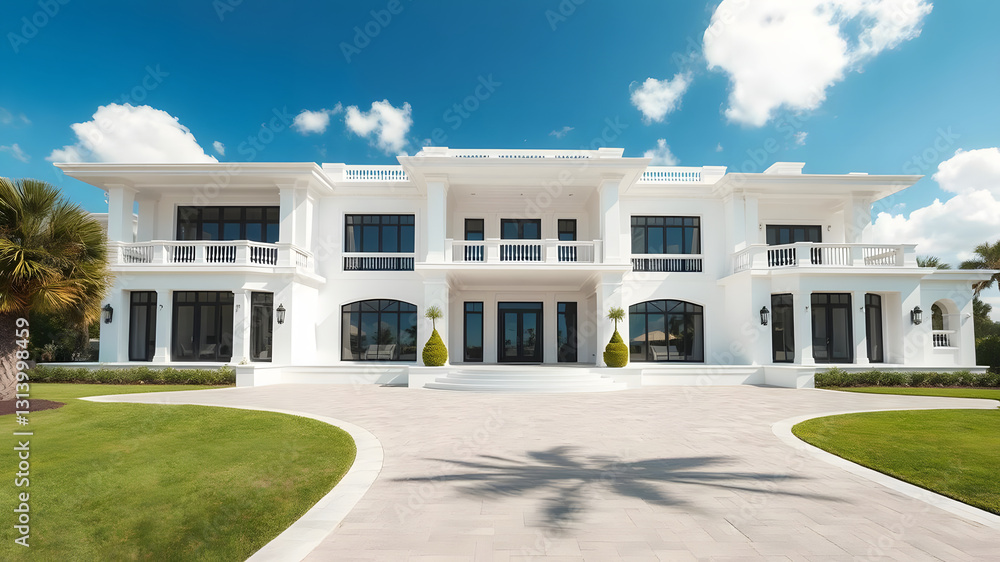 A large white mansion with a large driveway and palm trees A large white mansion with a large driveway and palm trees