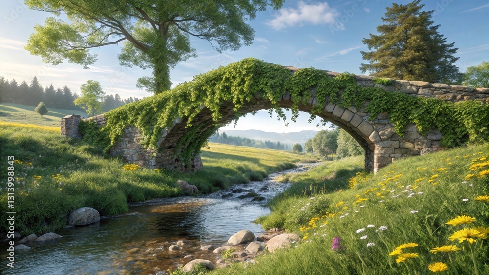 A charming stone bridge, completely covered in lush green vines, spans a babbling brook in a sunlit meadow. A charming stone bridge, completely covered in lush green vines, spans a babbling brook in a sunlit meadow.