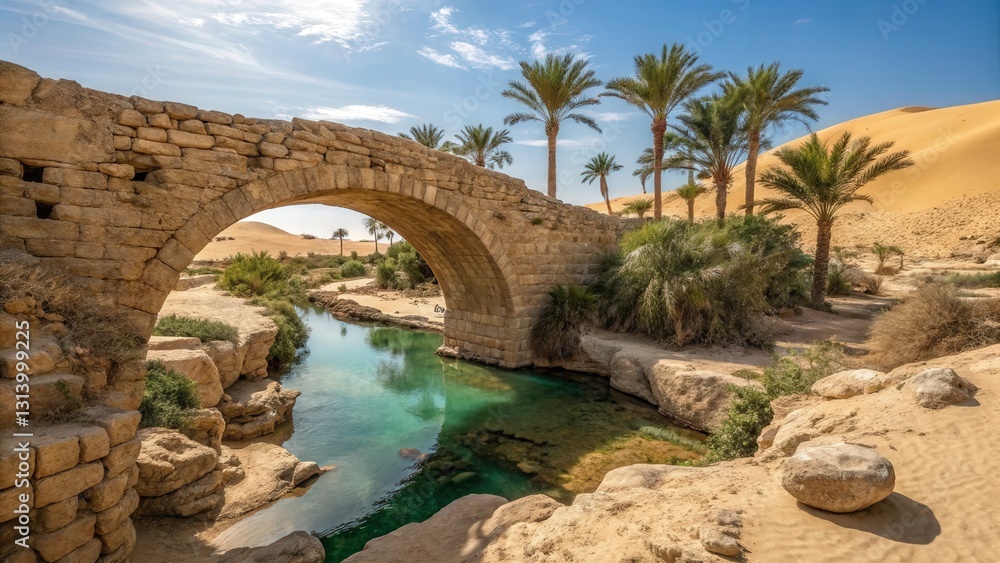 Naklejka premium An ancient stone bridge stands in the middle of a desert oasis, its arches framing a small, crystal-clear pool of water.