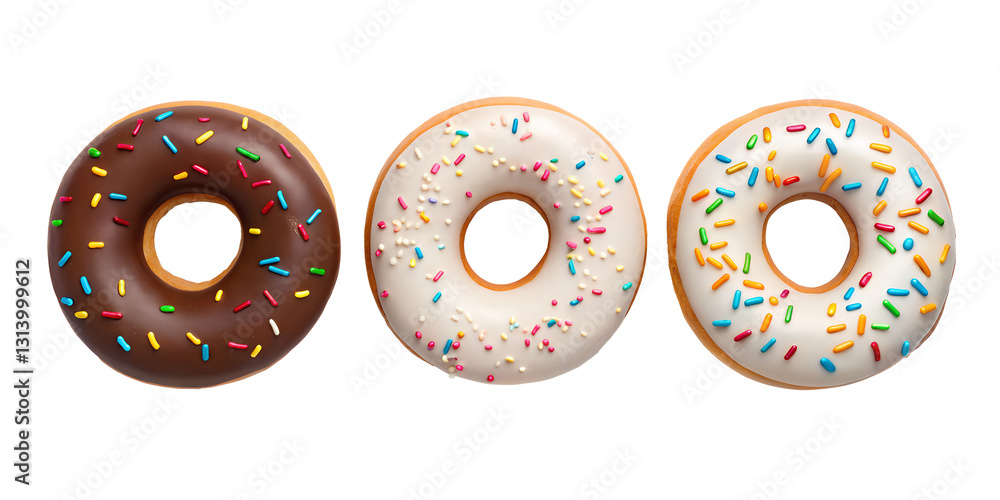 Fototapeta premium Iced Donut with Rainbow Sprinkles in Three Different Styles for Vibrant Dessert Photography, Cut Out