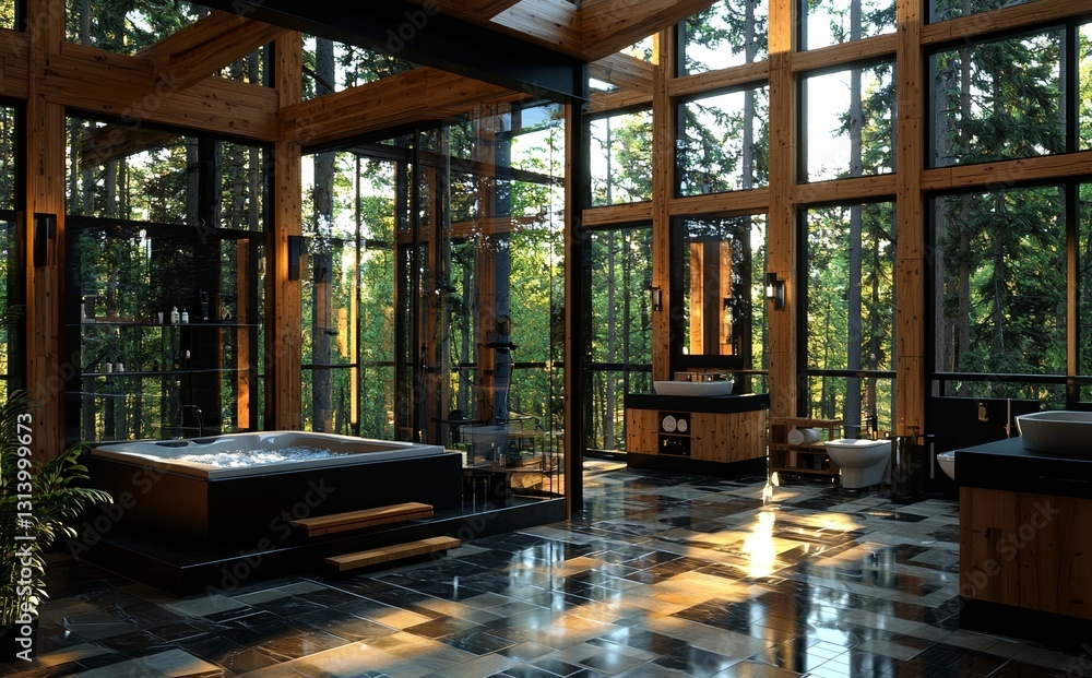 A 3D rendering of a modern bedroom interior featuring a jacuzzi is displayed A 3D rendering of a modern bedroom interior featuring a jacuzzi is displayed