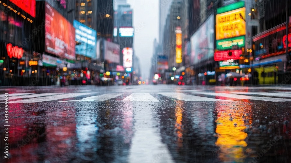 Reflections on Rainy Street in Times Square with Colorful Billboards Reflections on Rainy Street in Times Square with Colorful Billboards