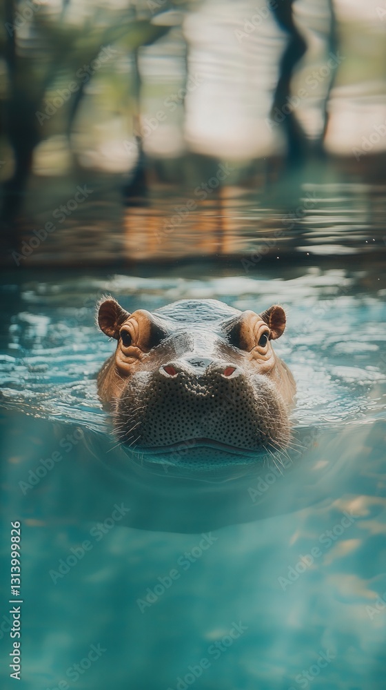 Fototapeta premium pygmy hippo swimming peacefully in a pool, its whole body visible as it moves gently through the water.