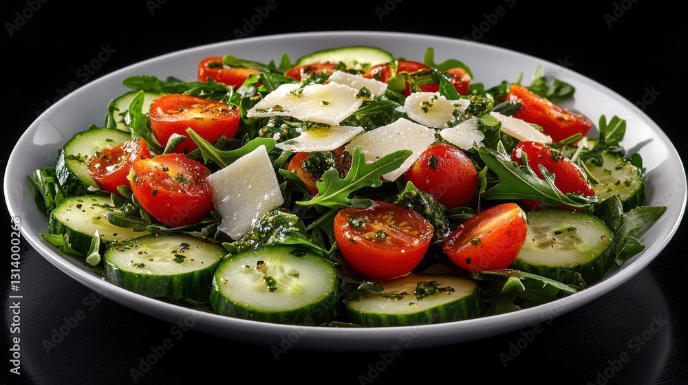 A vibrant dish of vegetable salad with thick cucumber slices, halved cherry tomatoes, and arugula, topped with shaved Parmesan and a drizzle of herb-infused olive oil. A vibrant dish of vegetable salad with thick cucumber slices, halved cherry tomatoes, and arugula, topped with shaved Parmesan and a drizzle of herb-infused olive oil.