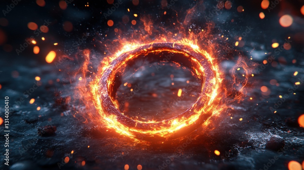Fototapeta premium A fiery portal of energy suspended above a rough surface